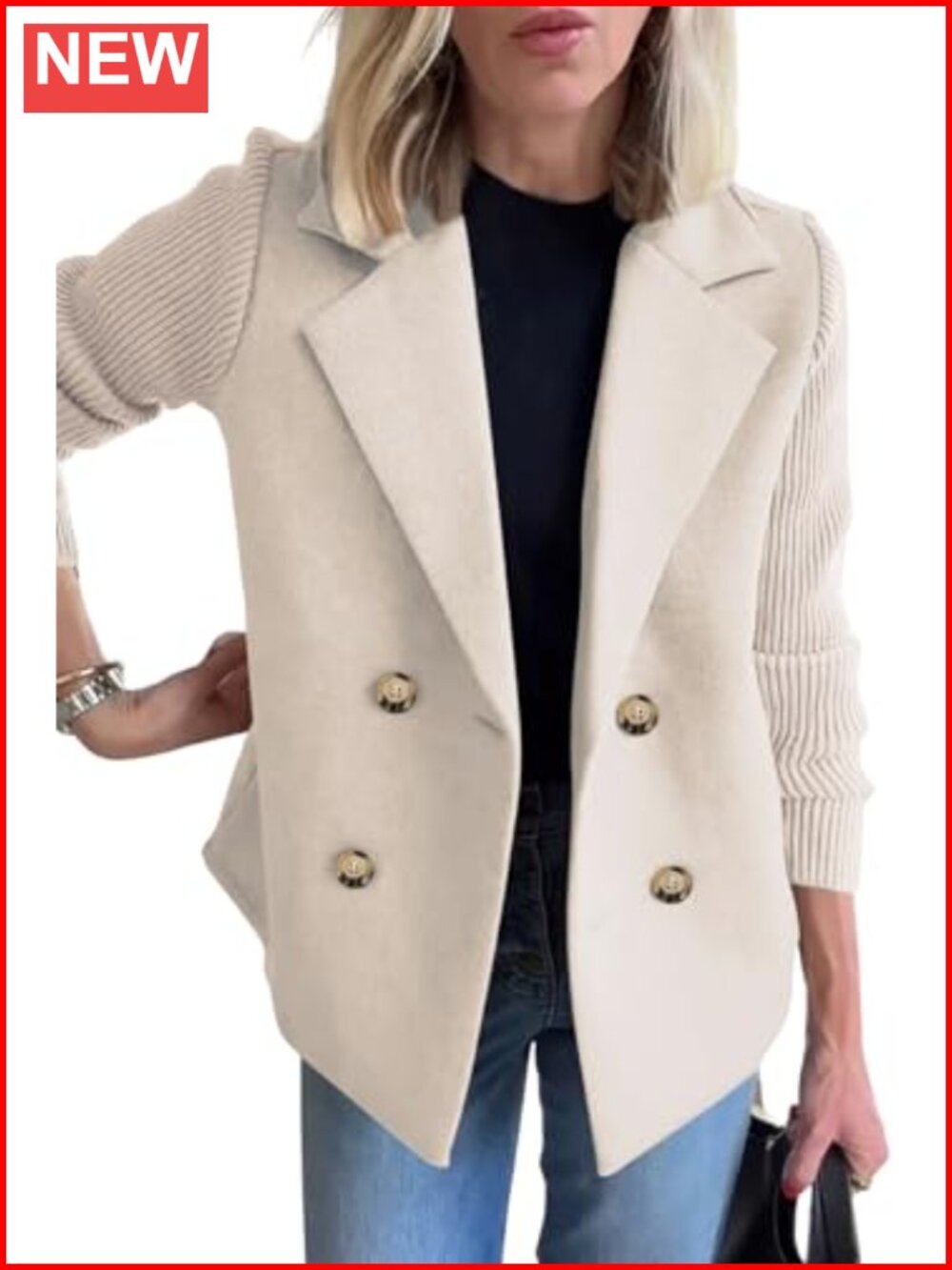 Women's Double Breasted Wool Pea Coat Notched Lapel Ribbed Knit Long Sleeve
